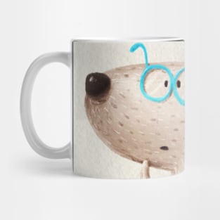 Cute dog in pants and wearing glasses. Mug